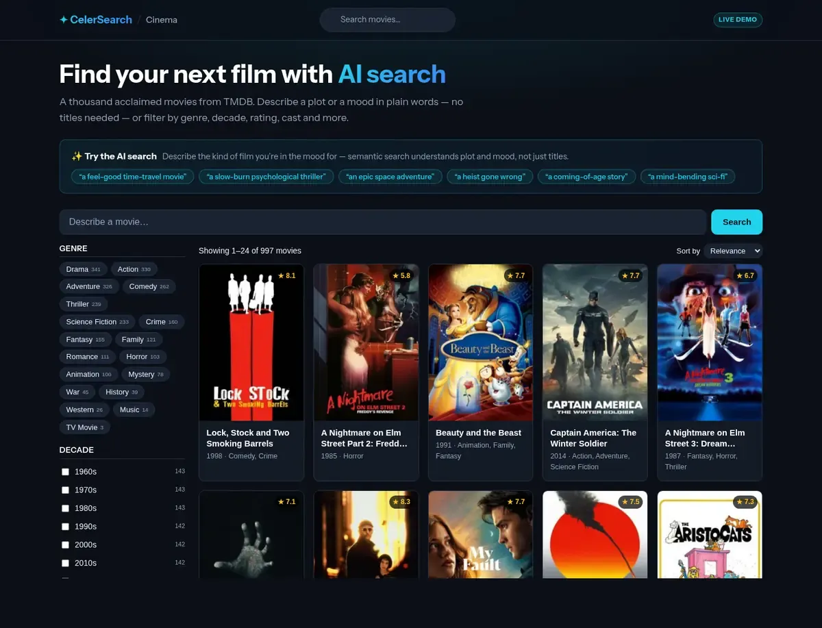 CelerSearch Cinema demo showing AI movie search, movie results, and genre and decade facets