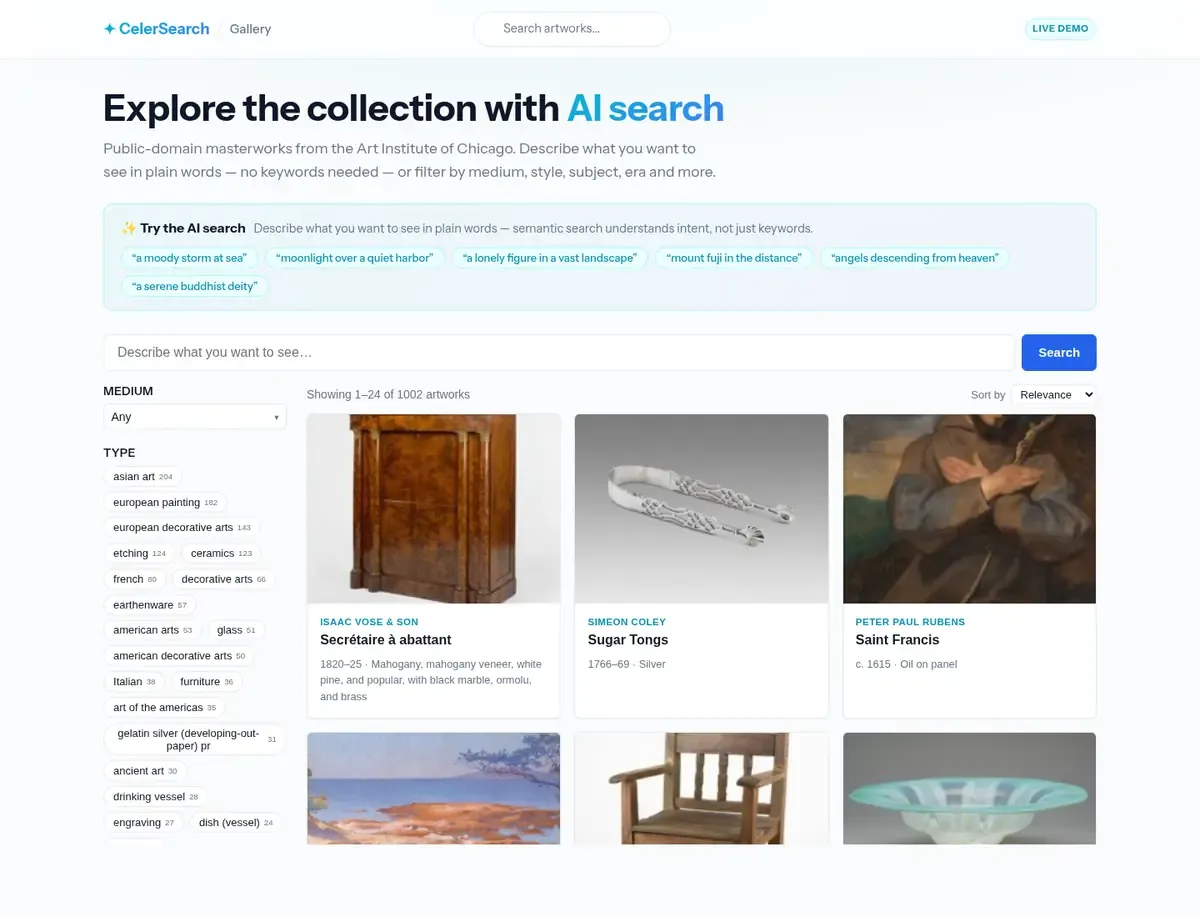 CelerSearch Gallery demo showing semantic artwork search, artwork results, and collection facets