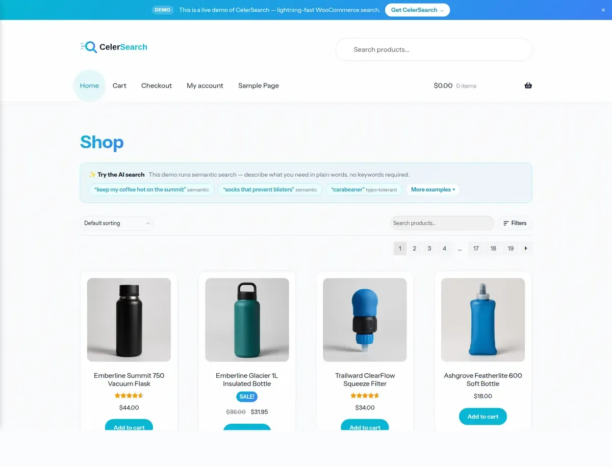 CelerSearch Outdoor Shop demo showing semantic product search and a WooCommerce product grid
