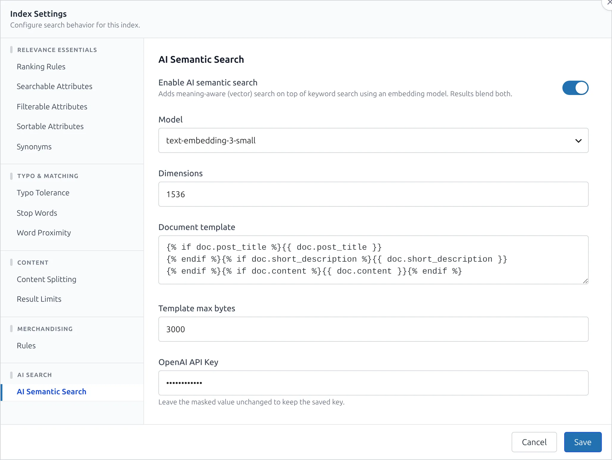 The AI Semantic Search panel in Index Settings