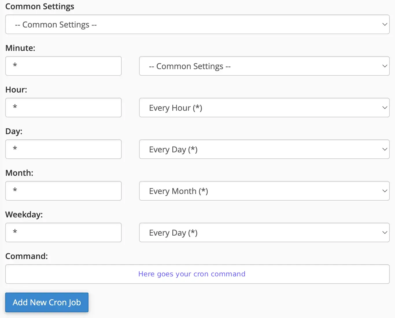 The Add New Cron Job form in cPanel