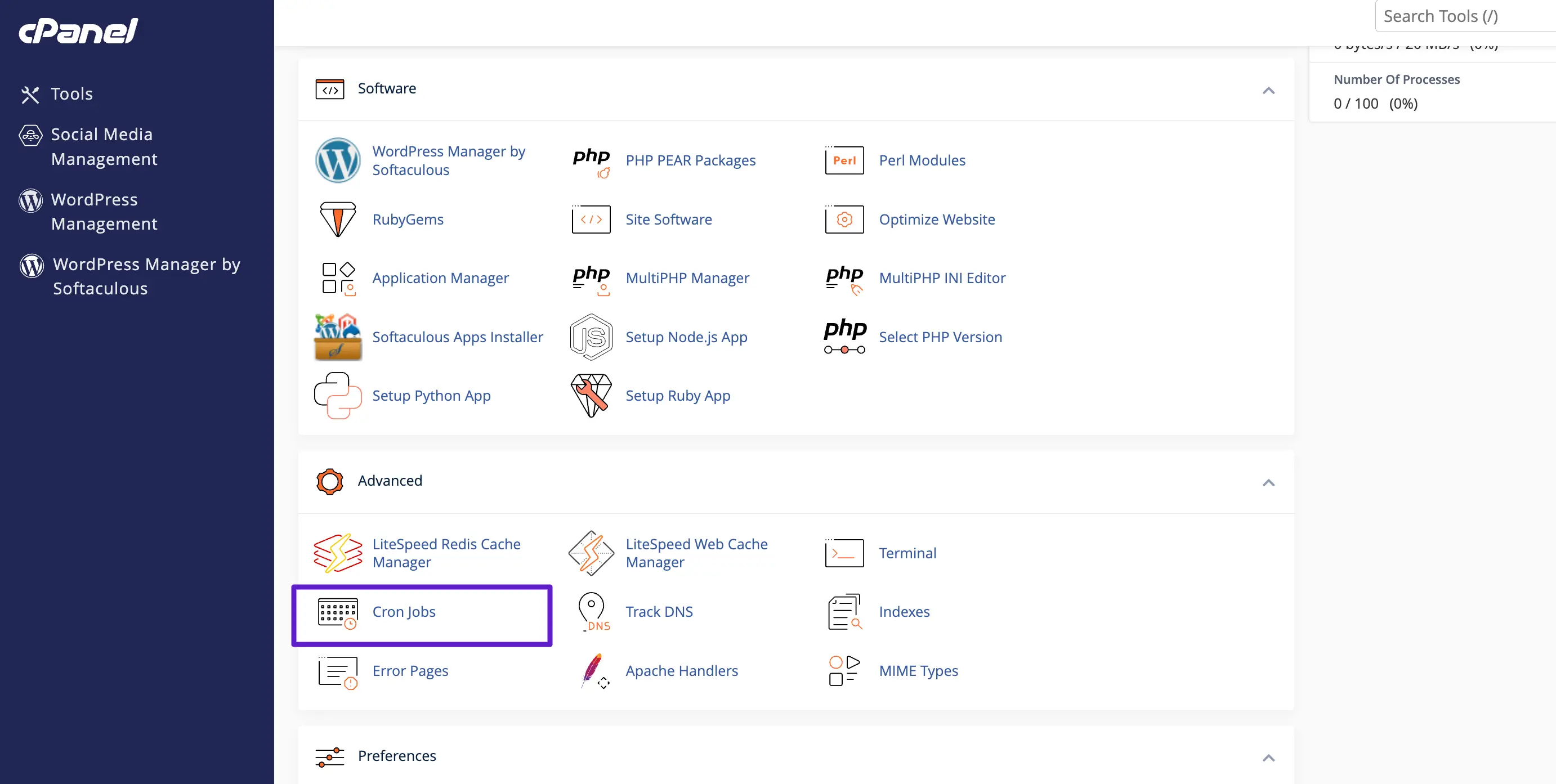 The Cron Jobs tool in the Advanced section of cPanel