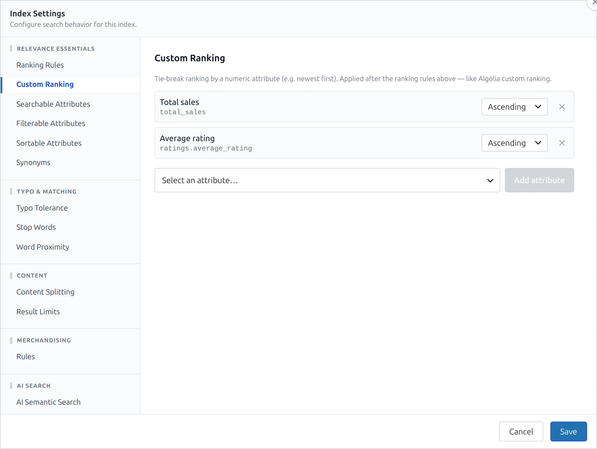 The Custom Ranking section in Index Settings
