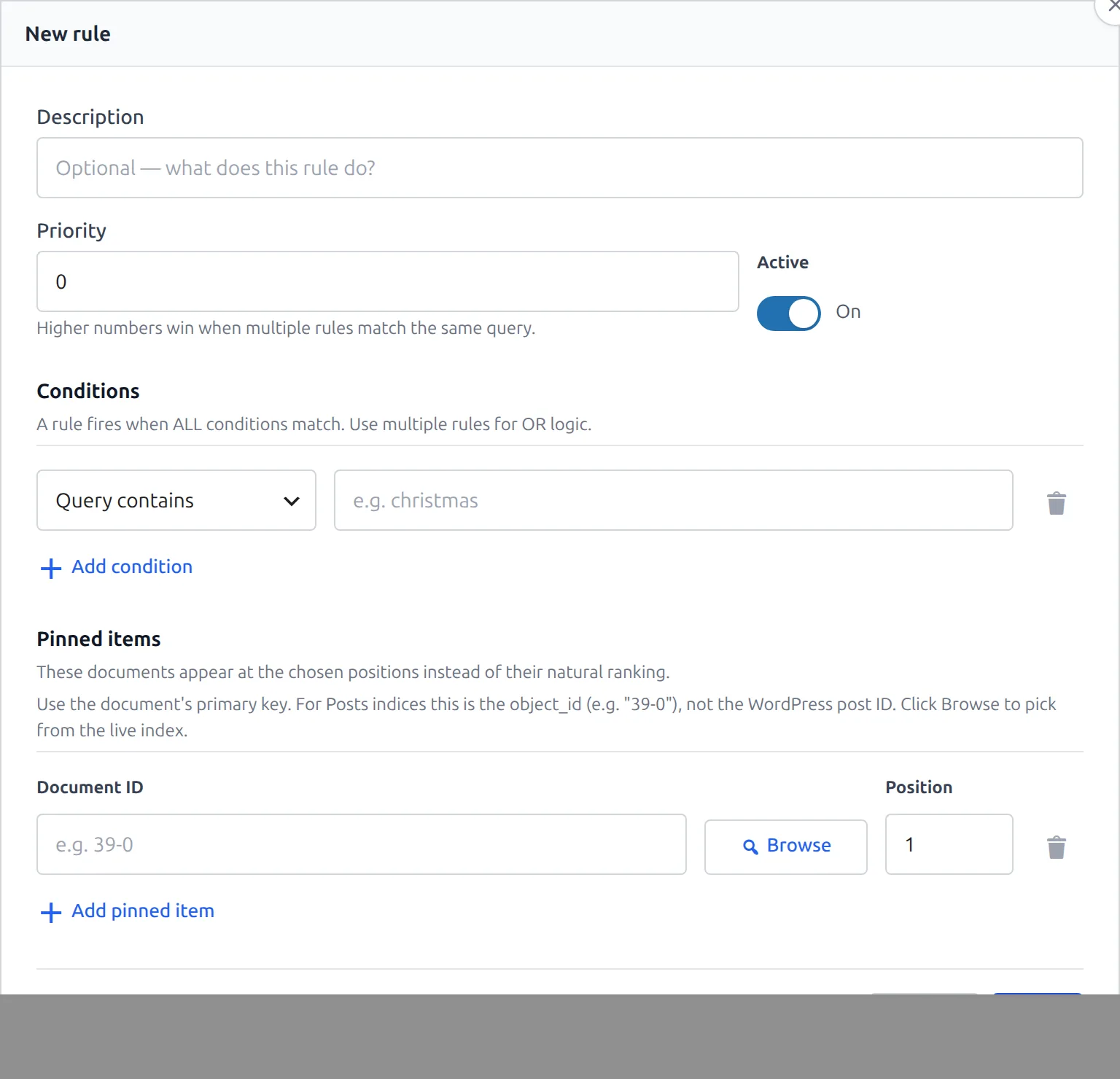The dynamic search rule editor