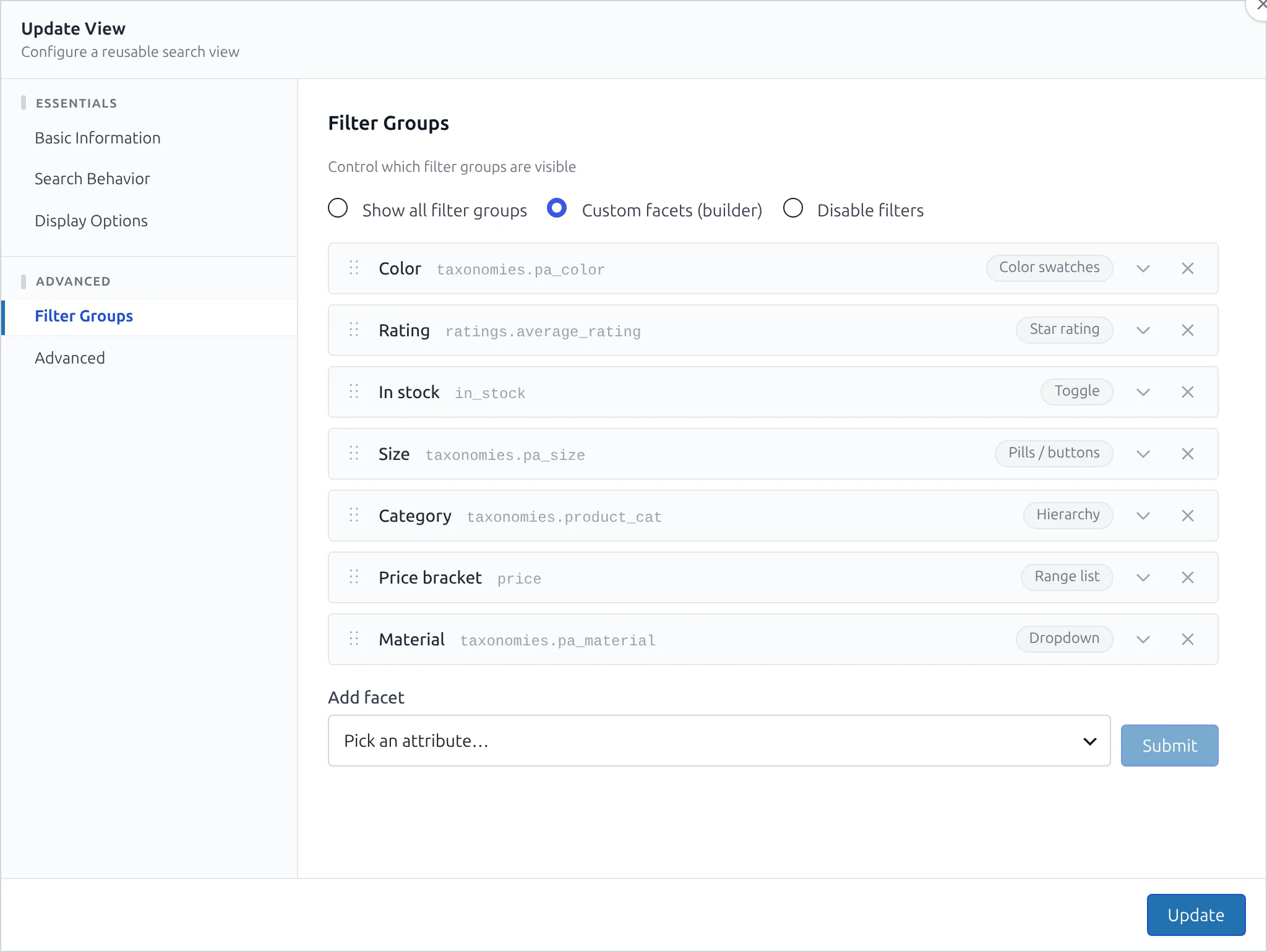 The CelerSearch facet builder in the View editor
