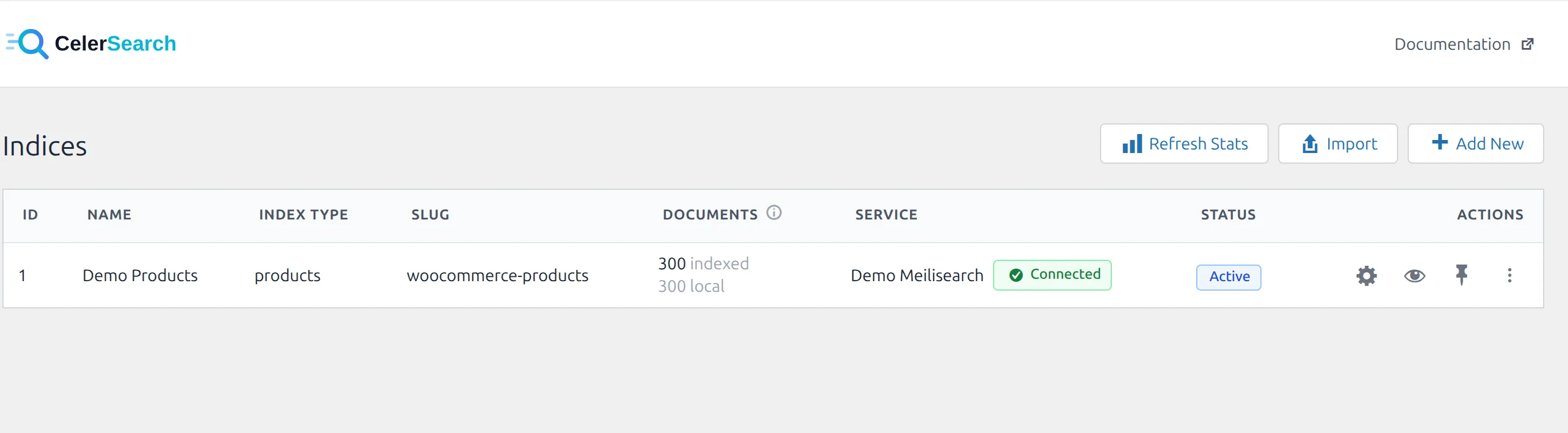 The CelerSearch indices dashboard