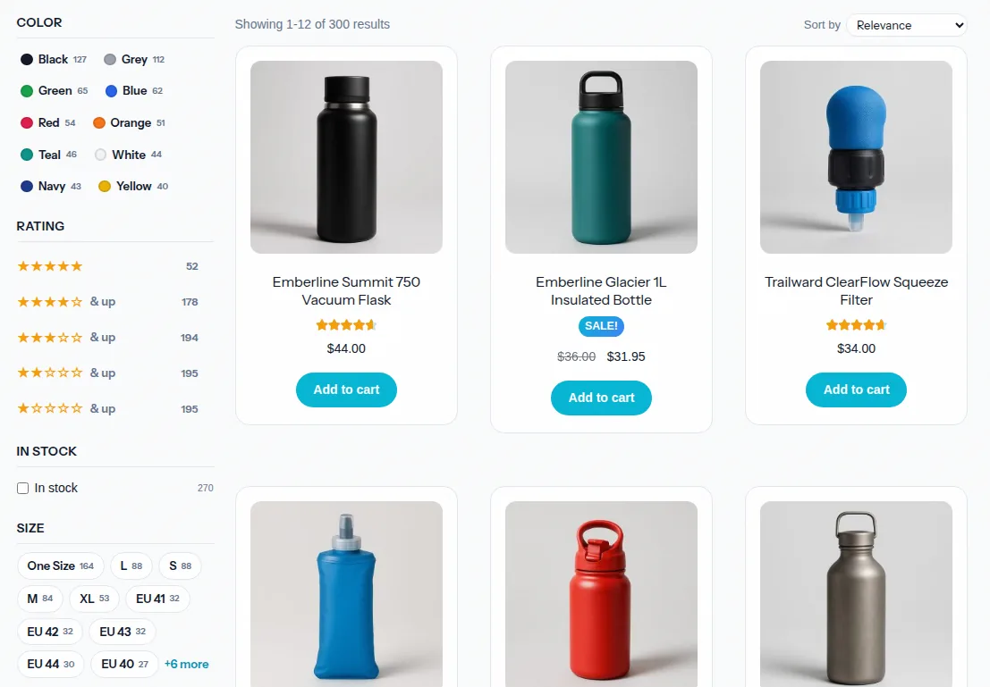 A CelerSearch shortcode product view with color, rating, stock, and size facets beside sortable WooCommerce product results