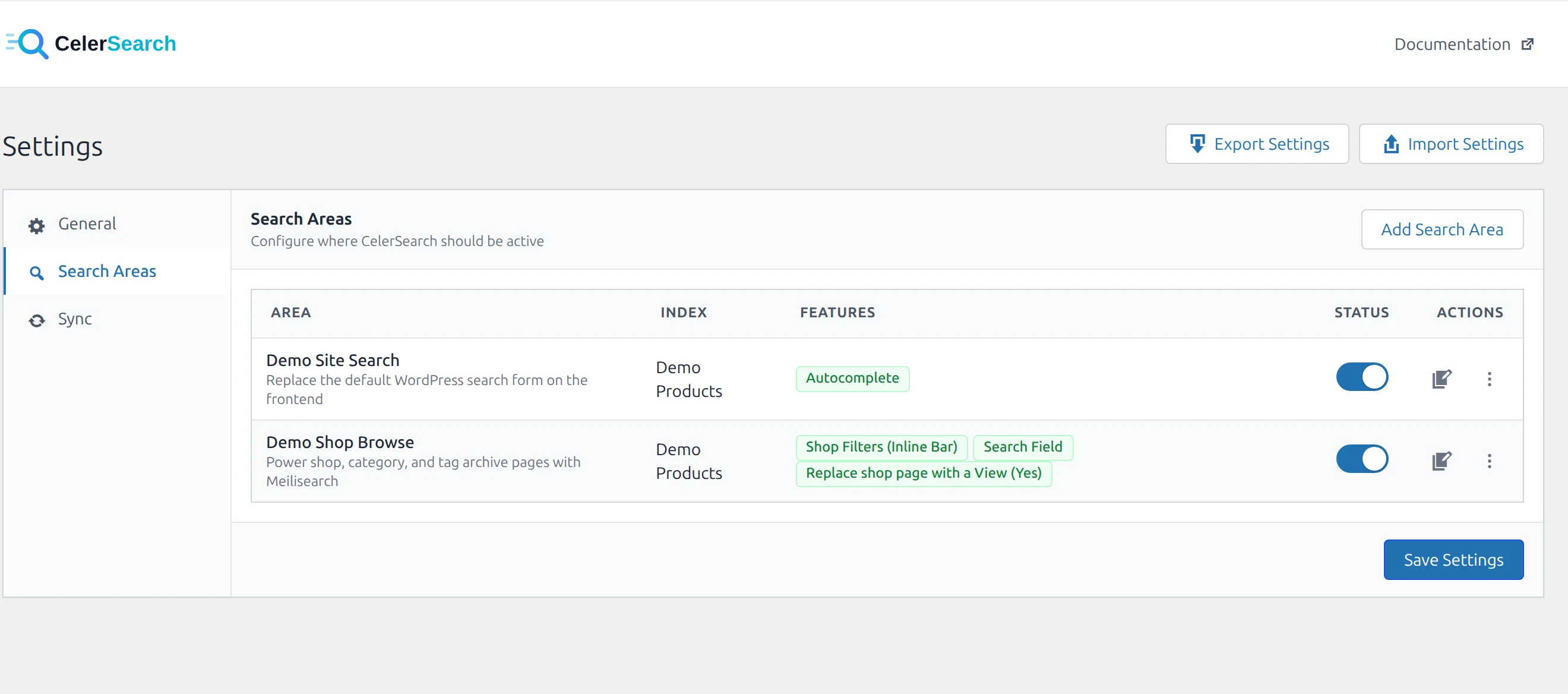 The Search Areas settings screen