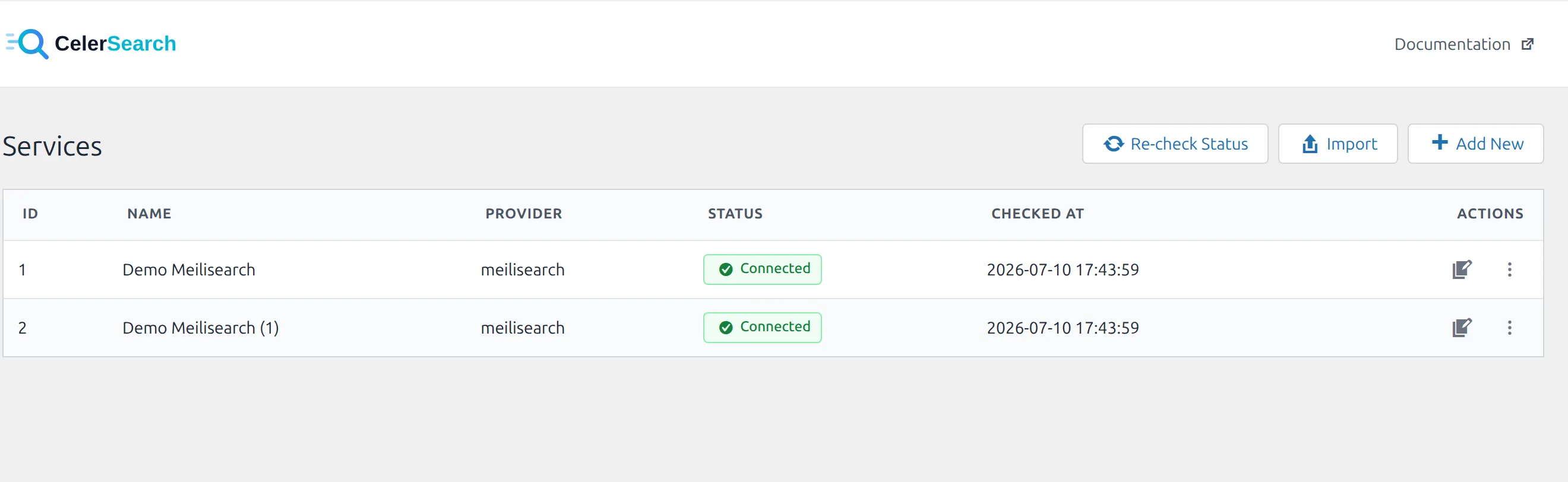 The CelerSearch Services screen