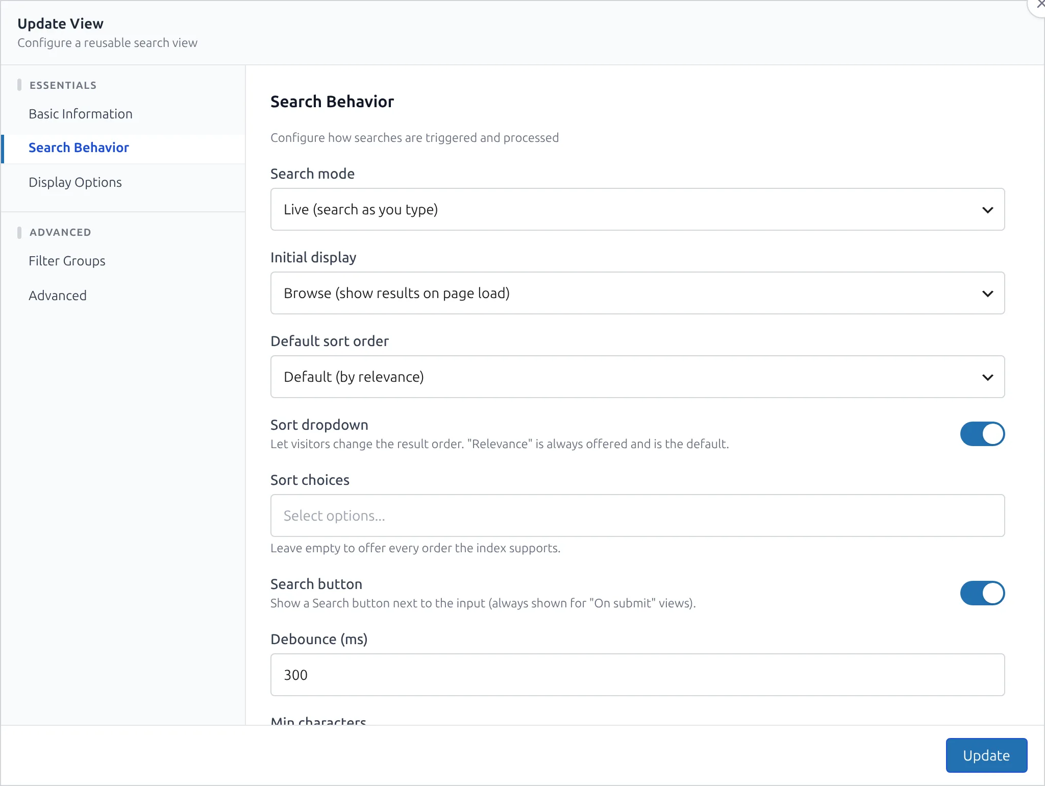 The View editor Search Behavior panel